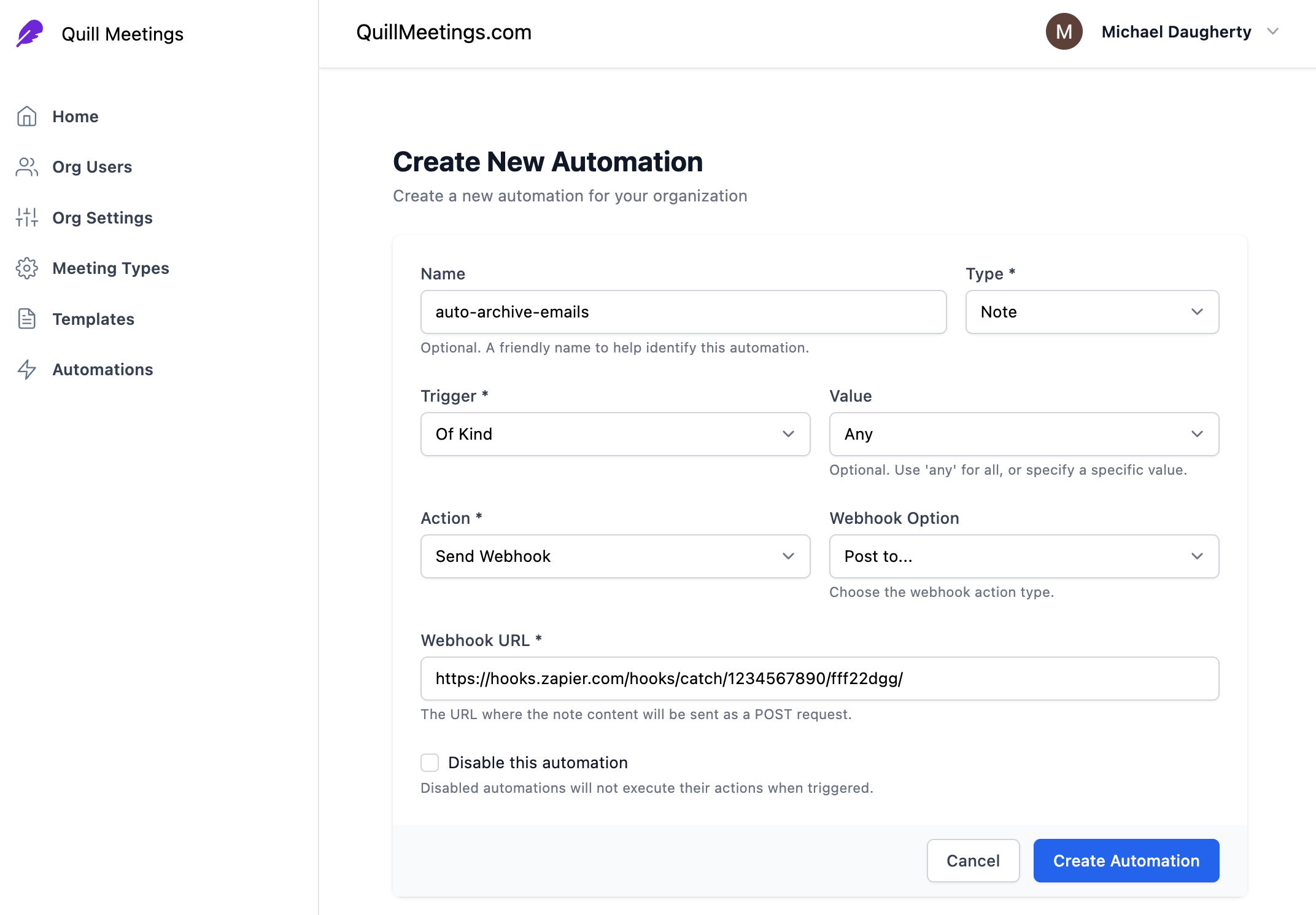 Webhook feature screenshot